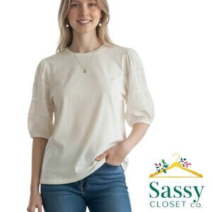 Ann Taylor Ivory Puff Sleeve Eyelet Cotton Blouse Round Neck Women’s M EUC